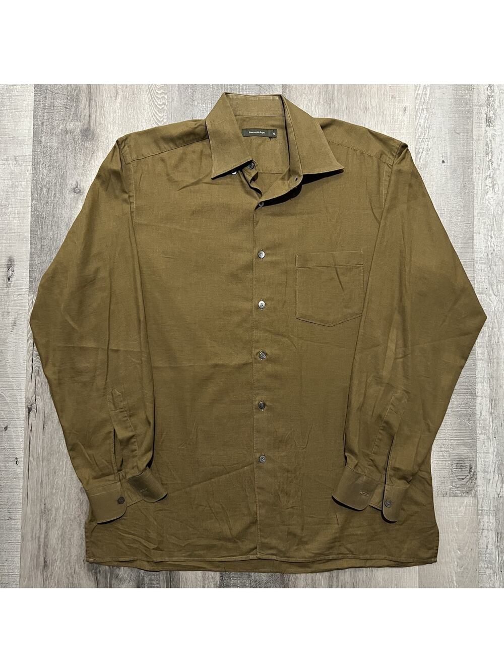 Ermenegildo Zegna Woven Knit Cotton Button Shirt Bronzed Olive Mens Dress Shirt